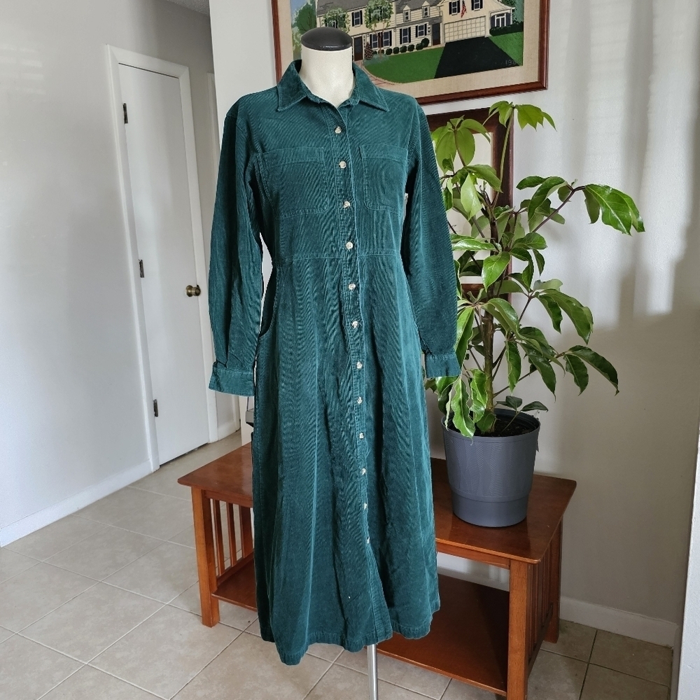 Vintage FADS green corduroy button-down granola girl teacher midi dress - Picture 1 of 8
